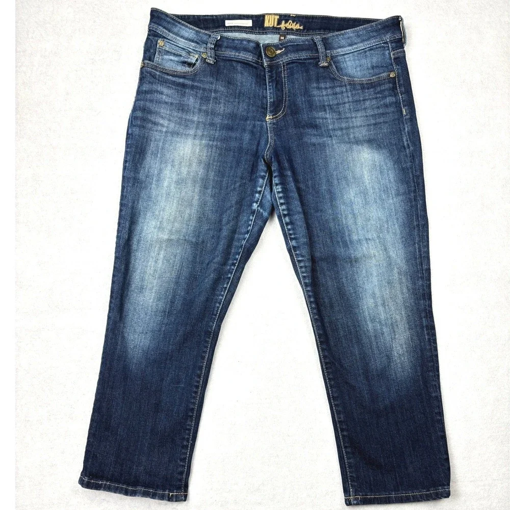 Kut from the‎ Kloth Angie Cropped Skinny Boyfriend Jeans Blue Denim Size 14